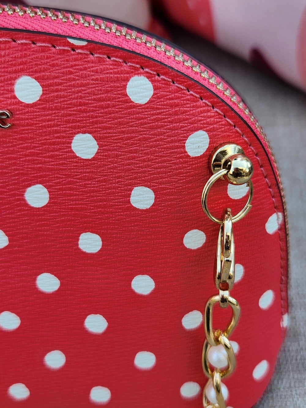 Kate Spade Coral & White Polka Dot Cosmetic Bag Upcycled Crossbody w. Chain NWT - Picture 2 of 16